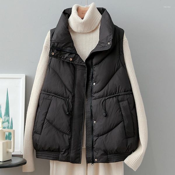 Gilet da donna Lagabogy 2023 Inverno Donna Collo alla coreana Tinta unita Senza maniche Piumino d'anatra bianco Giacca da donna Cappotto imbottito caldo con coulisse