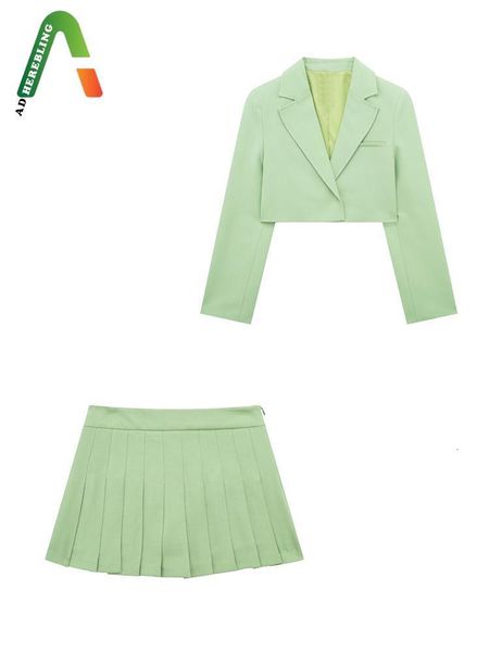 Calças de duas peças femininas aderindo mulheres verdes blazer terno traf manga longa de costura aberta top shorts femininos saias de 2 peças de 2 peças finas y2k chic 230505