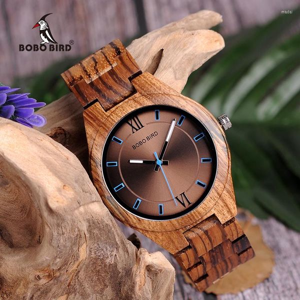 Relógios de pulso Bobo Bird Witch Vintage Design e Genuine Shather Kand Wristwatch Men Watch Zebra Wooden Watches Relogio Masculi