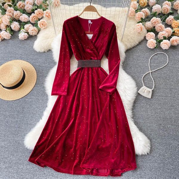 Casual Kleider Herbst Rot/Grün/Blau Samt Party Midikleid Frauen Vintage V-Ausschnitt Langarm Hohe Taille Luxus Vestidos Mit Schärpen 2023