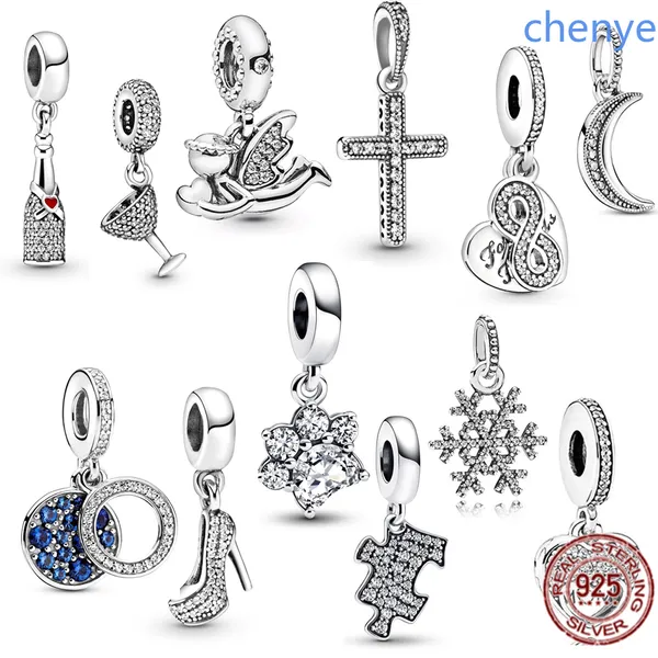 925 Argento Fit Pandora Charm 925 Bracciale Scarpa, Bicchiere da cocktail, Croce Fiocco di neve Ciondola Charms moda Set Ciondolo Gioielli fai da te con perline pregiate