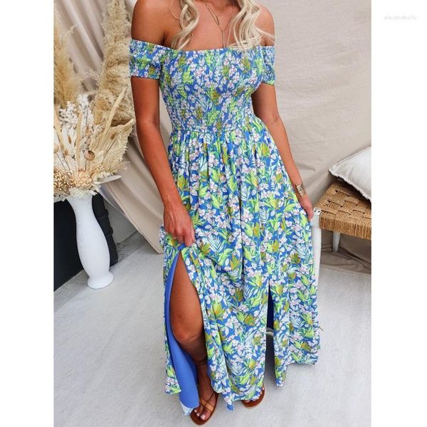 Abiti da festa Abito lungo floreale Donna Boho Beach Vacation Donna con spalle scoperte Elegante maxi spacco da donna plissettato Summer Chic