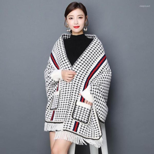 Maglione da donna in cashmere di visone nero rosso bianco Maglione da donna in caldo mantello scozzese Cardigan con nappe Kimono Tasche grandi lunghe