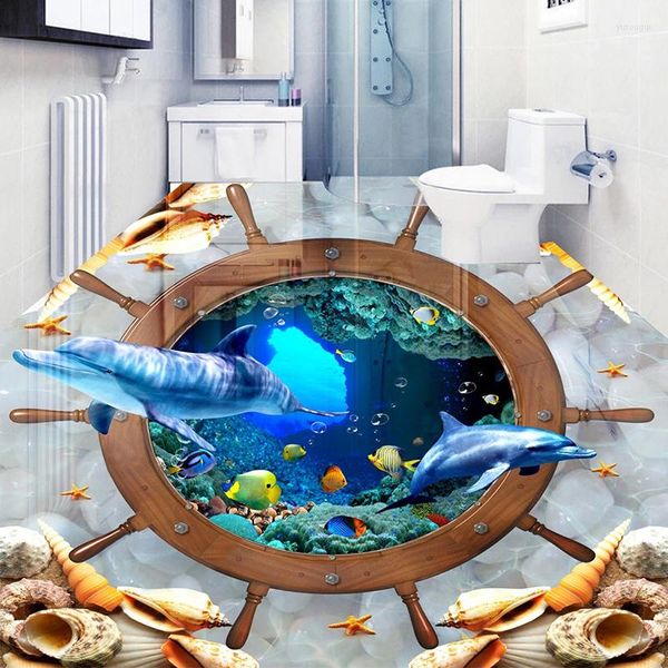 Sfondi Adesivo per pavimenti 3D personalizzato Underwater World Dolphin Po Wallpaper Impermeabile autoadesivo El Living Room Bagno murale