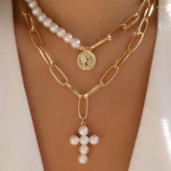Anhänger Halsketten Mode Retro Perle Kreuz Brief Gold Farbe Halskette Große Intarsien Pullover Kette Frauen Schmuck Zubehör