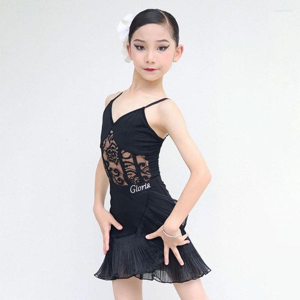 Stage desgaste tampos listrados Lotus Skirt Design Kids Latin Dance Dress for Girl Competition Ballroom Dancing Costume NY02 G1168