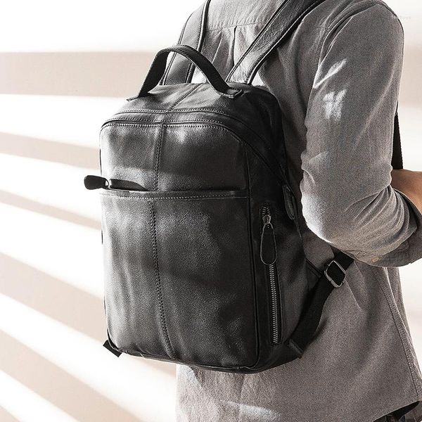 Backpack Leather Masculino Bolsa de Viagem Casual de Computador de Moda Simples Trendência Vaca de Magia Escolar