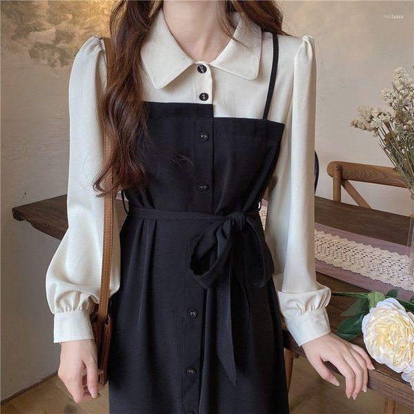 Casual Kleider Soft Polo Shirt Kleid Frauen 2023 Herbst Vintage Adrette Koreanische Langarm Midi Gürtel Schule Student Kleidung