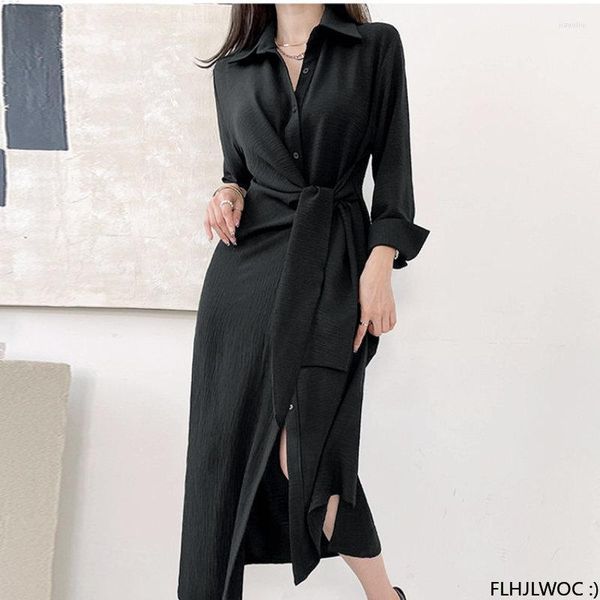 Casual Kleider 2023 Frühlingsmode Schwarze Frauen Langarm Chic Korea Stil Temperament Dame Büro Schnürknopf Hemdkleid