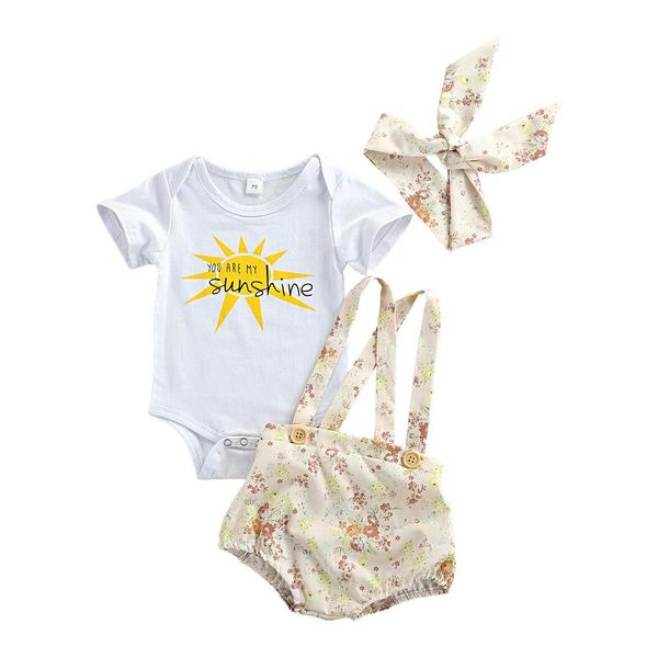 Floral Printed Short Sleeve Romper set back for Baby Girls - 3 Piece Summer Outfit with Sun Letters, Suspender Shorts, and Headwear