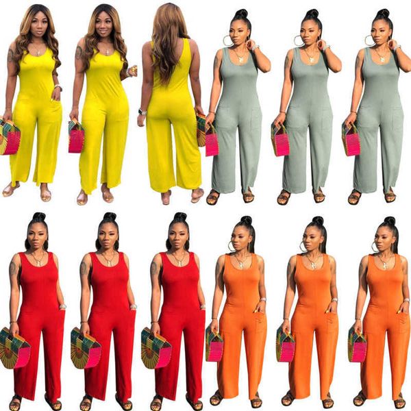 Macacão de Designer de Roupas Femininas Casual Cor Sólida Calça Longa Perna Larga Com Bolsos Macacão Sexy Sem Mangas Roupa de Noite Plus Size 3xl 8 Cores