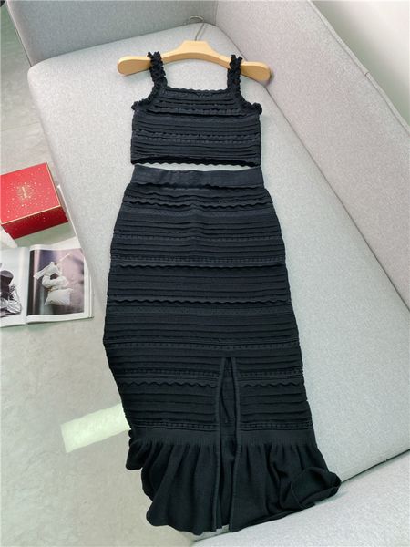 Zweiteiliges Kleid Schwarz Französisch Hohe Taille Rüschen Gestrickte Hosenträger Rock Anzug Damen 2023 Sommer Schlank 230506