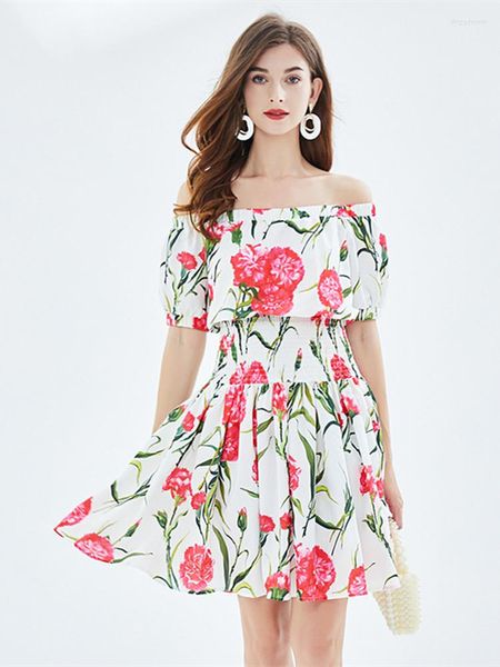 Abiti da festa Runway Summer Beach Flower A Line Mini abito da donna Off The Shoulder Puff Slevee Stampa floreale Elastico in vita Ruffles Vestidos