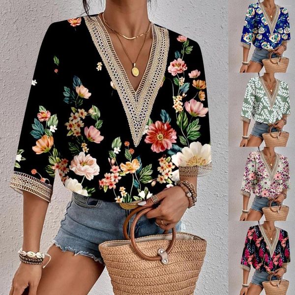 Camicette da donna Camicia da donna con ricami in pizzo scavato 2023 Camicetta vintage con scollo a V manica a tre quarti taglie forti Camicetta Boho Top Camisa Y Blusa