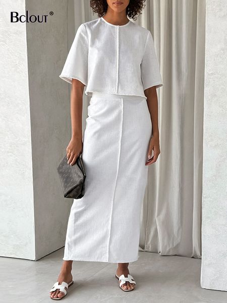 Платье с двумя частями Bclout Летние льняные белые юбки Наборы 2 штуки Элегантные однополосные топы с коротким рукава