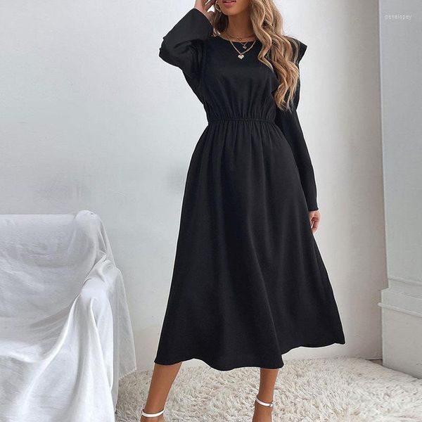 Freizeitkleider Wepbel Langarm O-Ausschnitt Kleid Robe Rüschen A-Linie Trendige Damenmode Rüschen Ganzkörperansicht Schwarz Vestidos