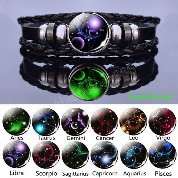 12 Zodiac Constellation Luminous Lederarmband für Frauen Männer Multilayer Punk Hip-Hop Charm Armband Armreif Schmuck Geschenke