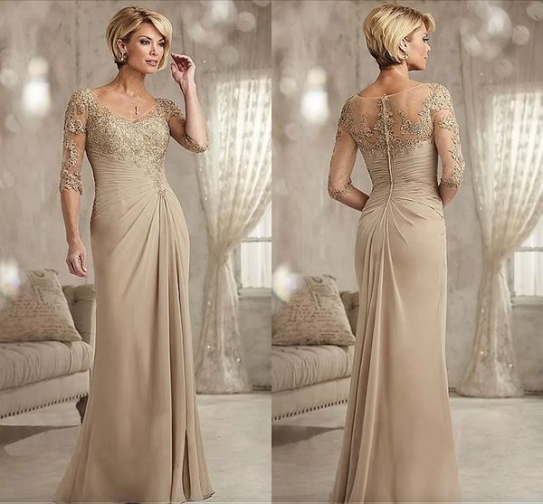 Champagne Mother of the Bride Abites Plus Size Chiffon Mezzo maniche Groom Godmother Abito da sera per matrimonio Nuovo pizzo di perline