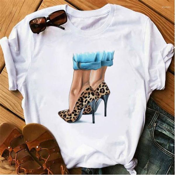 Damen T-Shirts Mode Frauen Shirt High Heels Schuhe Kurzarm Damenoberteile