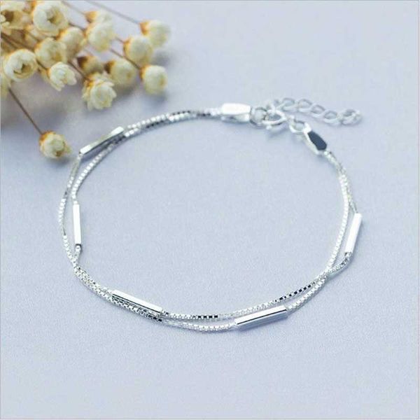 Bracelets de charme Ventfille 925 Moda de prata esterlina One-line Bar-camada de camada dupla Stick Stick Ladies Simple Forest Art Jewelry Gift AA230506