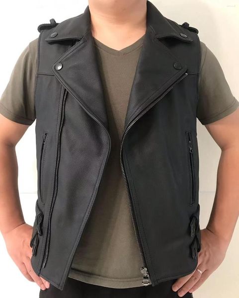 Gilet da uomo Pelle da uomo di alta qualità Motocicletta da motociclista Club Vest Lacci laterali Risvolto Classico Vera pelle bovina Giacche senza maniche Nero