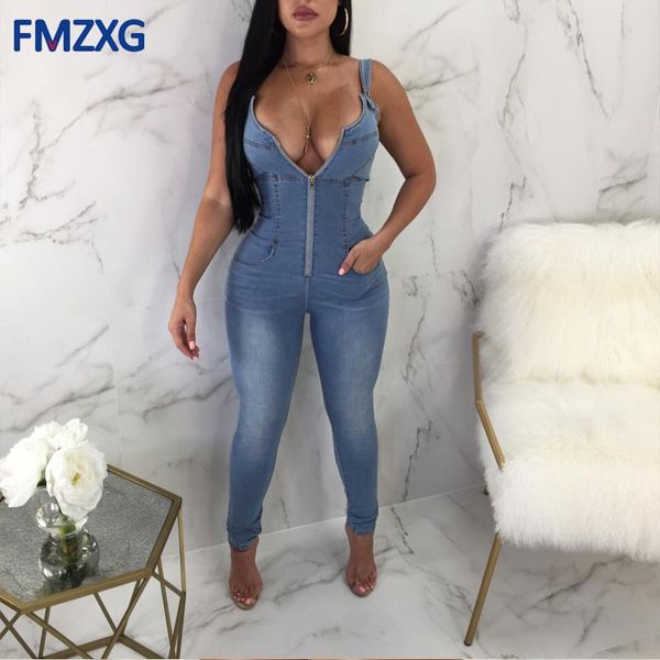 Tute da donna Pagliaccetti Sexy Club Deep V Spaghetti Strap Denim Jeans Tuta Donna Pantaloni lunghi Senza maniche Backless Tasca con cerniera Blu Ov