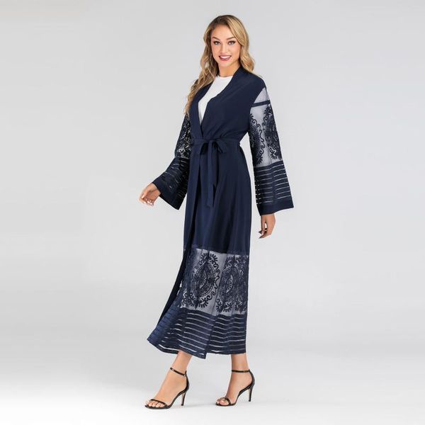 Lässige Kleider Muslim Open Abaya Stickerei Mesh Dubai Lange Robe Hijab Kleid Damen Kaftan Lace-up Kimono Jubah Islamische Kleidung Arabische Oberbekleidung