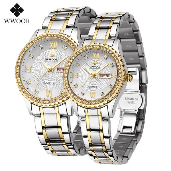 Orologi da polso WWOOR Orologi da coppia Uomo e donna Marchio di lusso Moda Diamante Acciaio inossidabile Coppia di orologi al quarzo Amanti Regali per il compleanno 230506