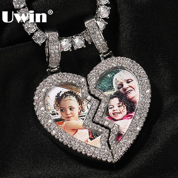 Ожерелья с подвеской UWIN, медальон с разбитым сердцем, изображение Iced Out, CZ, полумагнитные подвески, модные украшения для влюбленных 230506