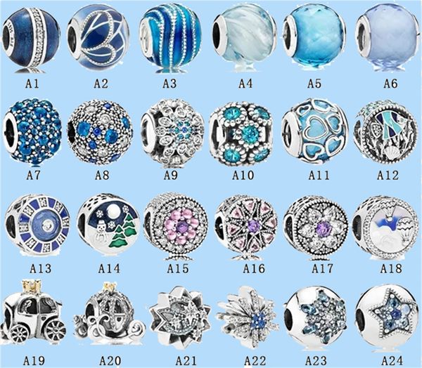 925 Silber Perlen Charms passen Pandora Charm Blue Series Kürbis Auto Stern feste Schnalle Perlen DIY