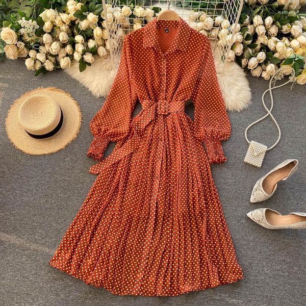 Freizeitkleider Vintage Kleid Französisch Langarm Chiffon Faltenrock Damen Robe Elegant Orange Dot Sommer