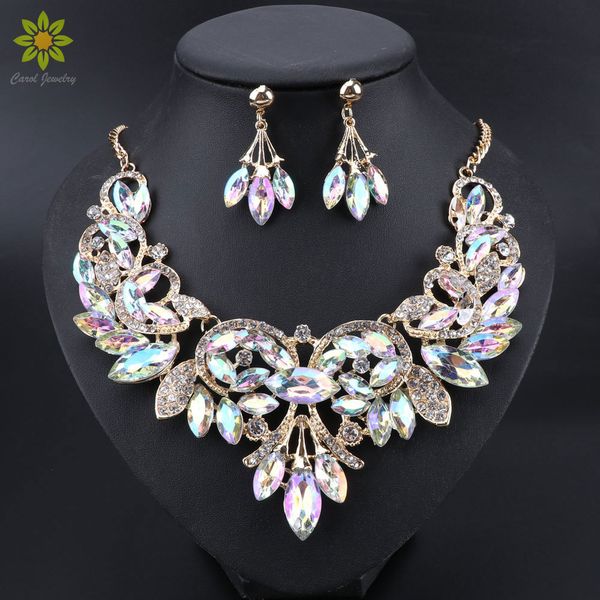 Ohrringe Halskette Luxus Indische Brautschmuck Sets Hochzeit Kostümschmuck Damenmode Geschenke Blätter Kristall Halskette Ohrringe Sets 230506