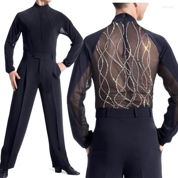 Wear Stage Dance Latin Top Male Perspective Mesh Shiny Sinestones Competizione Tango Salsa Cha Men Abbigliamento DNV13578