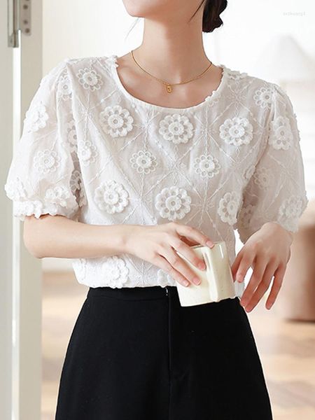 Blouses feminina verão Blusa de renda bordada branca de verão Mulher de manga curta Vintage Flores elegantes camisa Top Mulheres soltas o pescoço Slim 22361