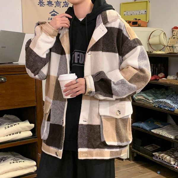 Giubbotti da uomo 2023 Inverno Coreano Gioventù Caldo Cappotto di lana kaki Ins Plaid Giacca a vento Abiti larghi Anorak Consiglia