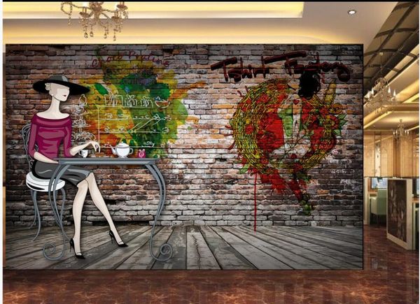 Tapeten benutzerdefinierte Wandbild 3d Po Tapete Retro Cartoon Schönheit Kaffee Werkzeug auf Backsteinmauer Wohnkultur Wohnzimmer für 3 D