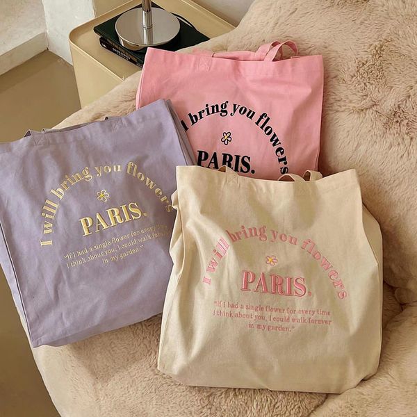 Bolsas de compras Mulheres Bolsa de ombro de lona Explorar Paris 3D Bordados diários Bolsas de compras diárias Livros de estudante Bolsa de pano de algodão Bolsas de pano para meninas 230506