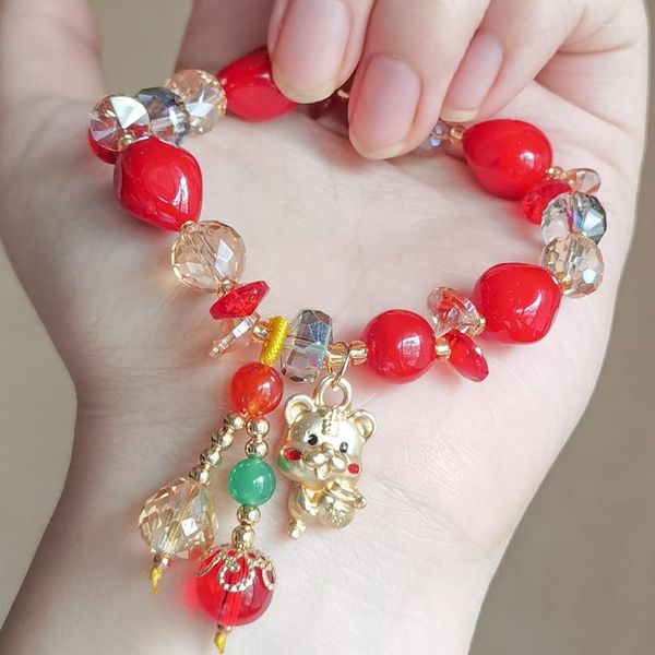 Braccialetti con ciondoli Stile cinese Anno della tigre Bracciale con perline rosse per donna Borsa fortunata Piccoli gioielli in cristallo per amicizia donna