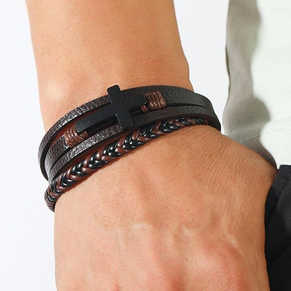 Armreif Lederarmband Männer Legierung Schwarz Kreuz Magnetverschluss Mehrschichtiger einfacher gewebter Schmuck