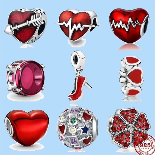 Charms aus 925er Sterlingsilber für Pandora-Schmuckperlen, rote Ölfarbe, Elektrokardiogramm-Perlen