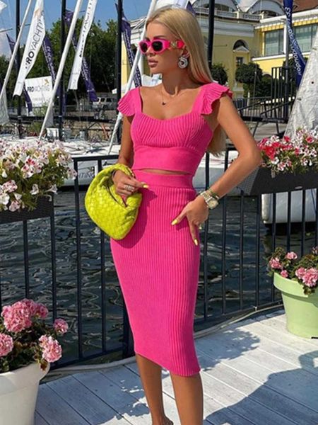 Zweiteiliges Kleid 3 Farben Neue Sommer Frauen Rock Anzüge Sexy Pink Rot Schwarz Verband Zweiteiler Set 2022 Kleidung Set Bodycon Rock Anzüge J230506