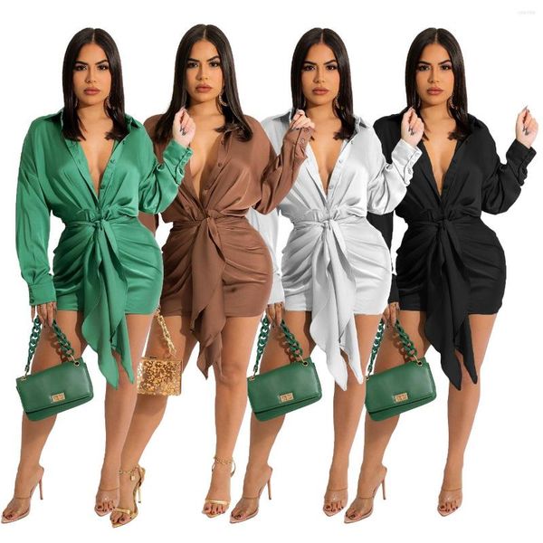 Robes décontractées solide Satin femmes Mini chemise robe mode à lacets boutons froncé manches longues discothèque fête bureau dame