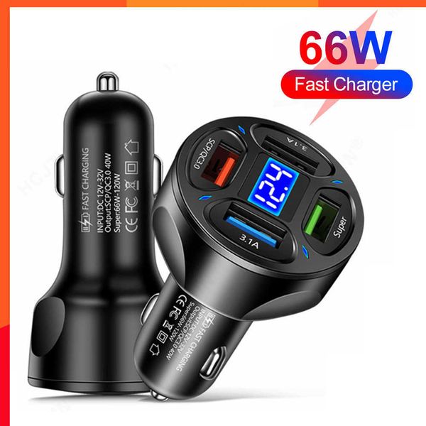 Neues 120 W Autoladegerät 12 V/24 V 4 USB-Anschlüsse 66 W Schnelllade-Zigarettenanzünder-Adapter LED-Voltmeter für Huawei Xiaomi iPhone Samsung