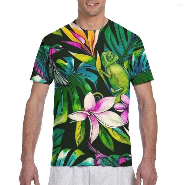 Camisetas masculinas lagarto de pássaro tropical lagarto e flores de moda de moda 2023 Crega de verão Camiseta Camiseta