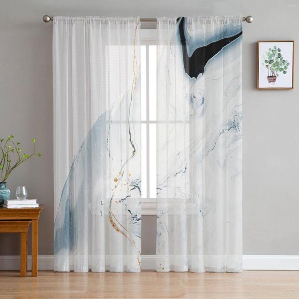 Tende astratte in tulle blu marmorizzato per soggiorno, camera da letto, cucina moderna in chiffon trasparente