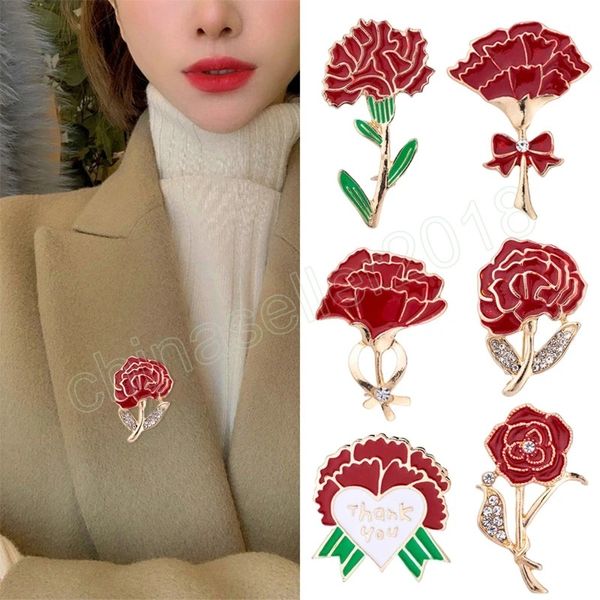 Moda Spilla Fiore Rosso Donna Rosa Garofano Lega Spilla Dorata Festa di Nozze Gioielli Abito Cappotto Accessori Pin Regali