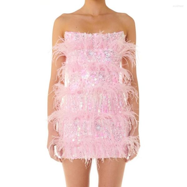 Vestidos casuais verão sexy rosa sem mangas vestido de bandagem 2023 elegante lantejoulas de lantejoulas de mini noite