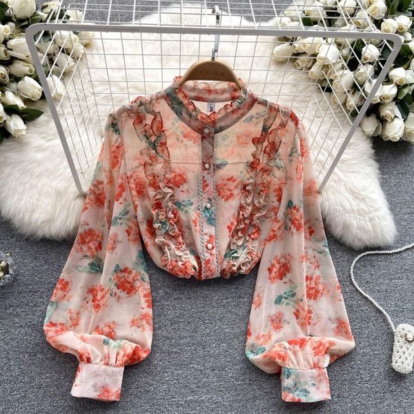 Herren Pullover Blumendruck Blumen Chiffon Vintage Polo-Ausschnitt Damen Bluse Shirt Laterne Ärmel Pullover Lose Blusen Tops Frühling