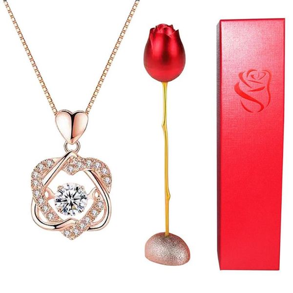 Pendentif Colliers Saint Valentin Collier Avec Simulation Créative Rose Tête De Fleur Boîte À Bijoux Anniversaire De Mariage Amoureux Présent