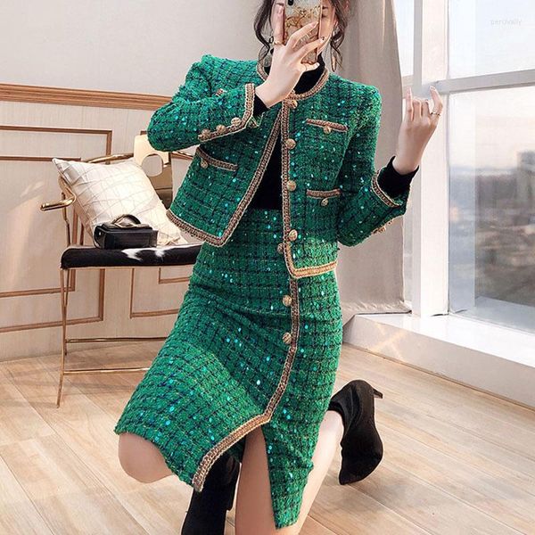 Vestido de duas peças elegante verificação de lã Blazer saia 2 peças conjunto mulheres escritórios femininos dama de beading feminino verde conjuntos de femininos outono